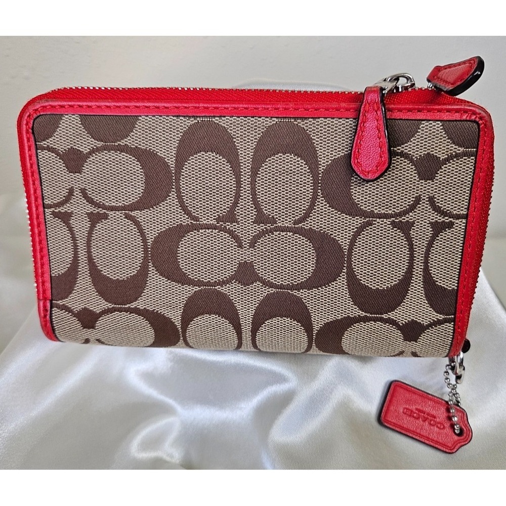 Coach DOUBLE Zip Medium Wallet Signature Canvas Brown with Red Leather Trim/Silv - Picture 3 of 11